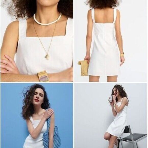 J Crew Squareneck White A-Line‎ Dress in Stretch Linen Blend Knee Length 20 - Picture 2 of 14
